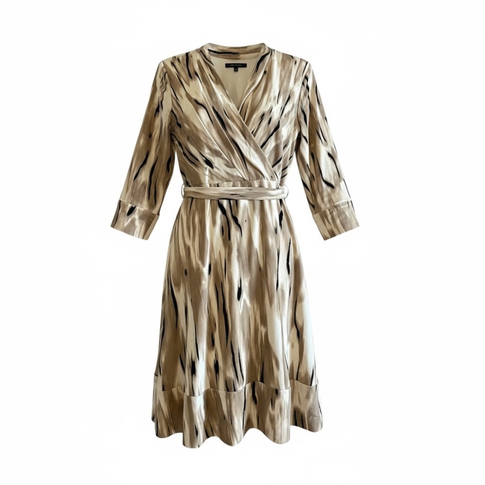 Black, white, & cream long sleeve wrap dress belt large stretch vneck